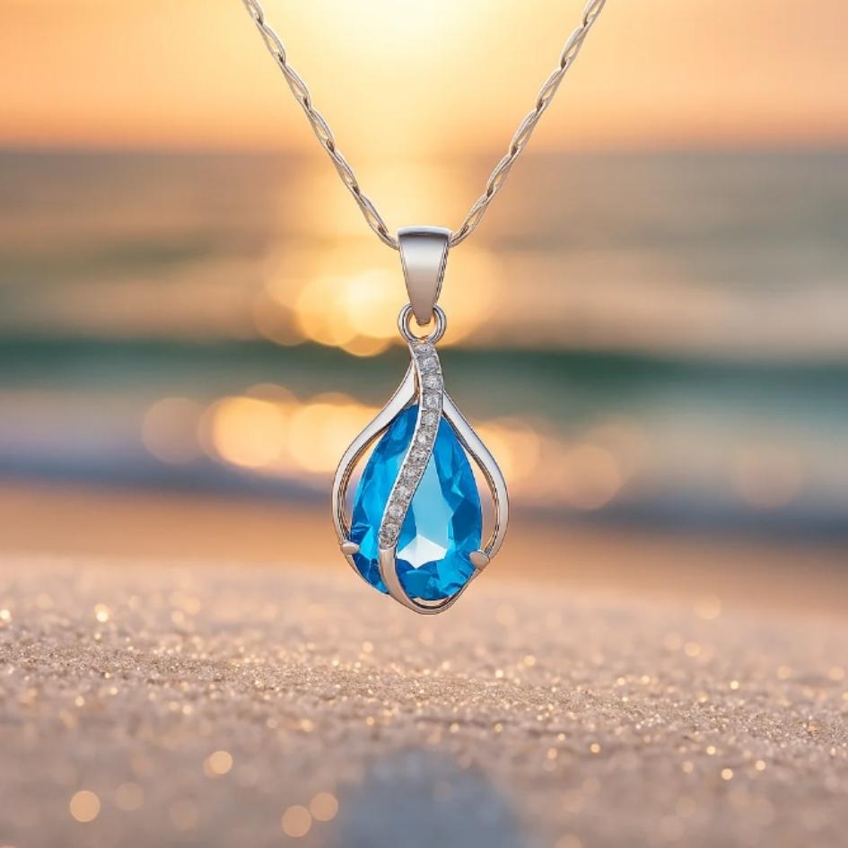 Drop of Light – Necklace with Blue Zircon and Silver Finish
