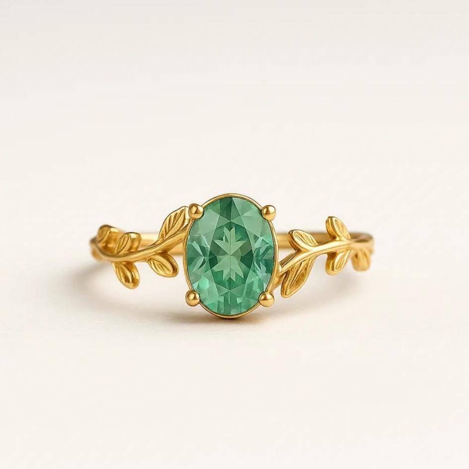MID FUNNNEL - 2026-01-03T010517.731 Vento di Smeraldo – Anello dorato con agata verde e motivo fogliare - immagine 1